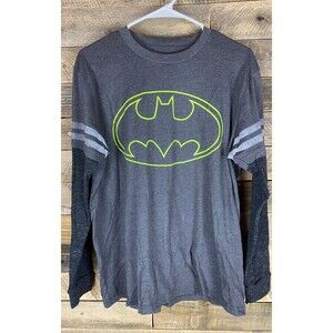 Batman Mens Sz L Gray With Black Long Heather Sleeves Crewneck Shirt
